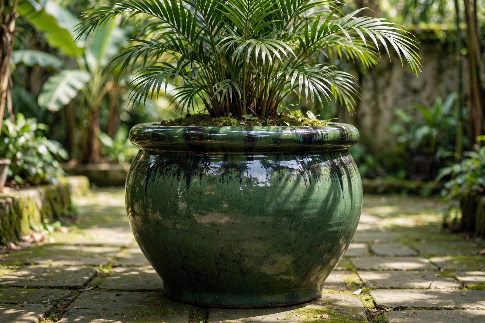 Deep green glazed ceramic planter in a courtyard setting