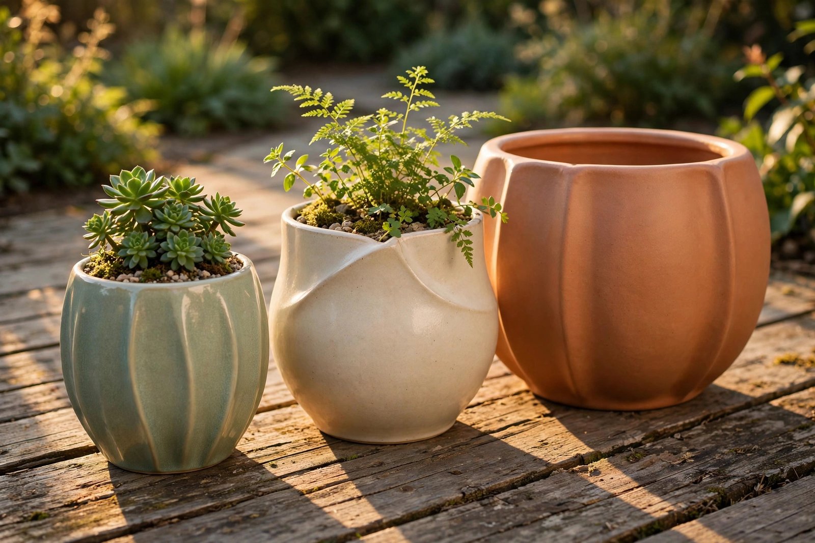 Trio of ceramic planters in sage, cream and terracotta glazes on a wooden deck at golden hour