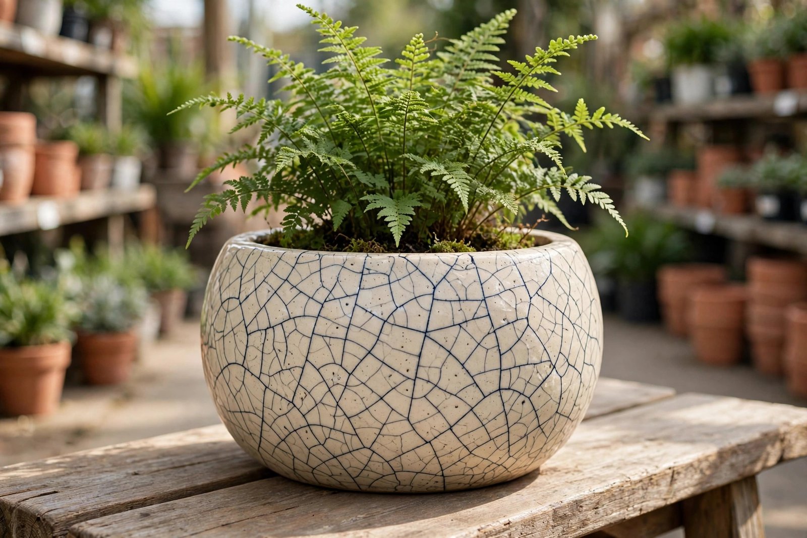 Navy crackle-glaze ceramic planter in a garden center