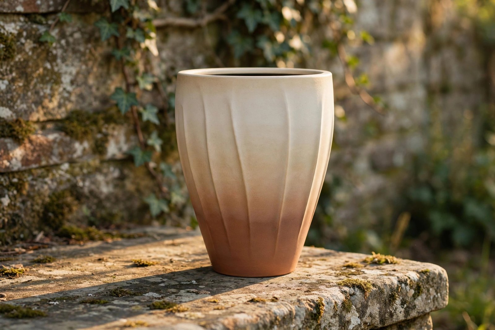 Two-tone terracotta and cream ceramic planter against a rustic garden wall