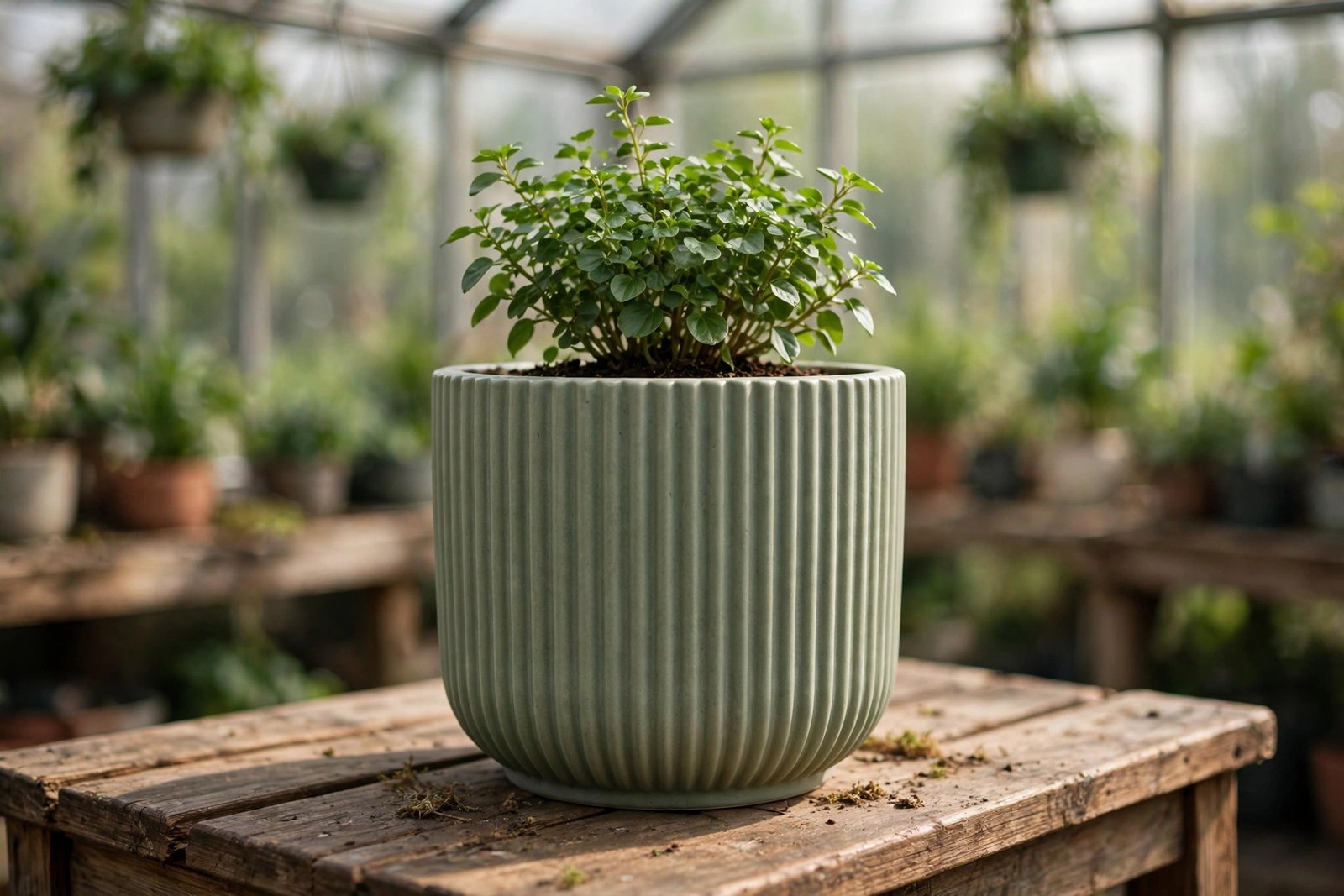 Sage green ribbed ceramic planter in a greenhouse
