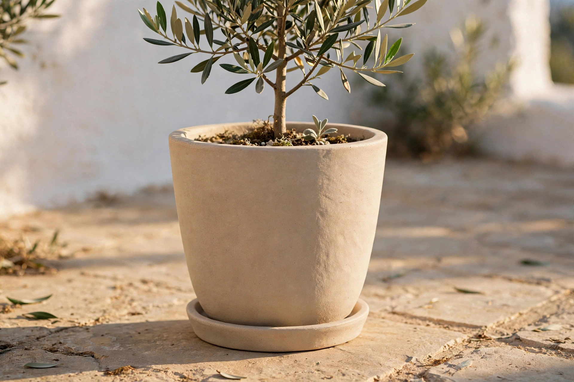 Matte sand ceramic planters with saucers on an olive terrace