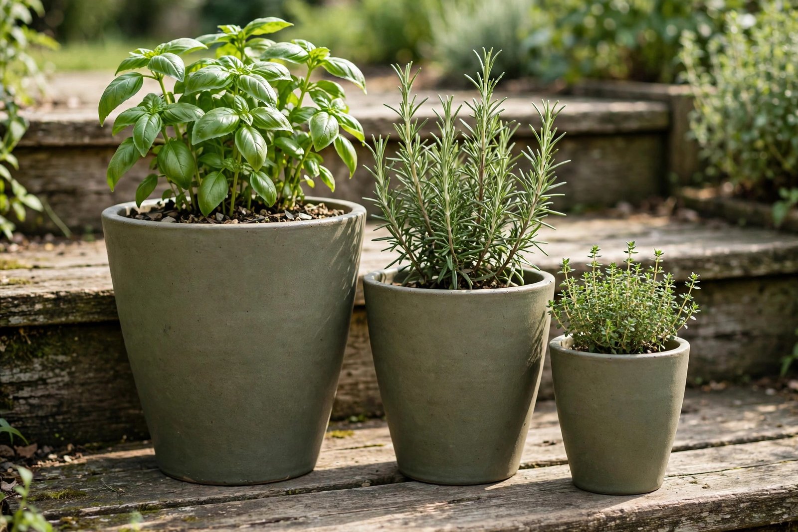 Cluster of matte olive ceramic planters with herbs on a terrace