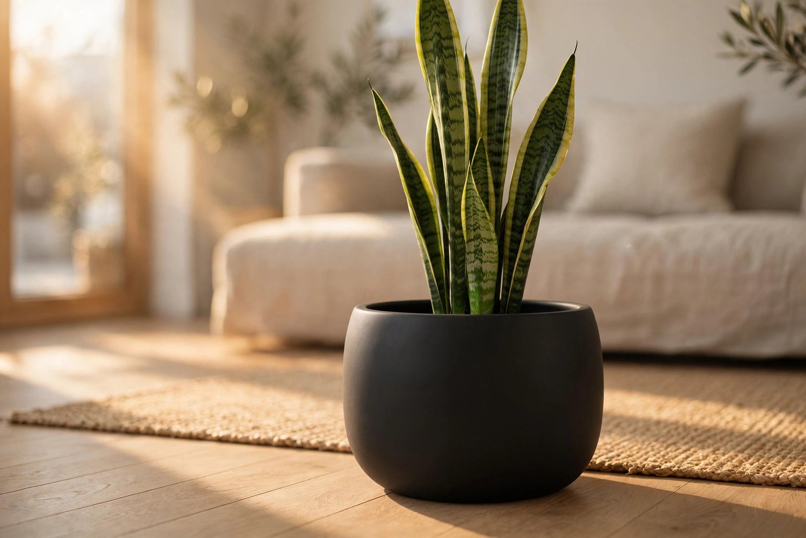 Matte black ceramic planter with snake plant in a modern living room