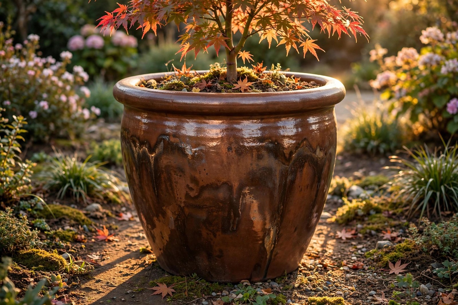 Large copper-brown reactive-glazed ceramic planter holding a Japanese maple in a garden at golden hour
