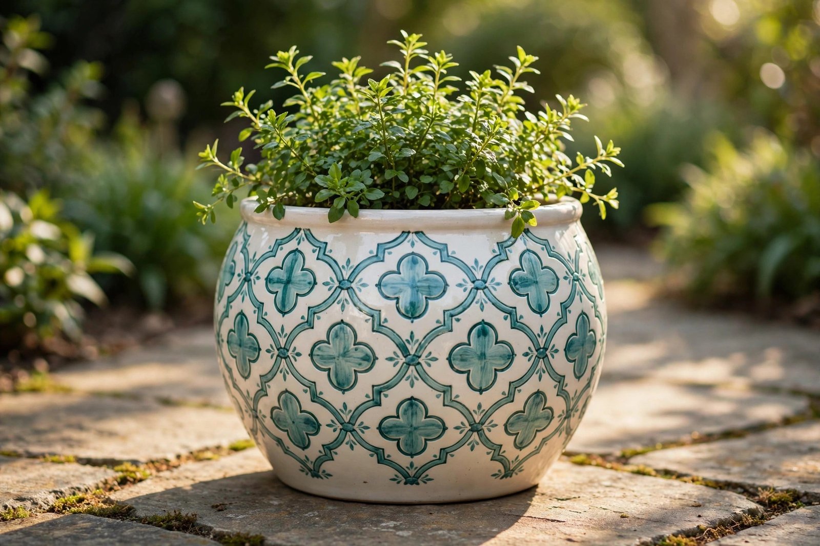 Teal patterned ceramic planter with a lush green plant on a sunlit patio