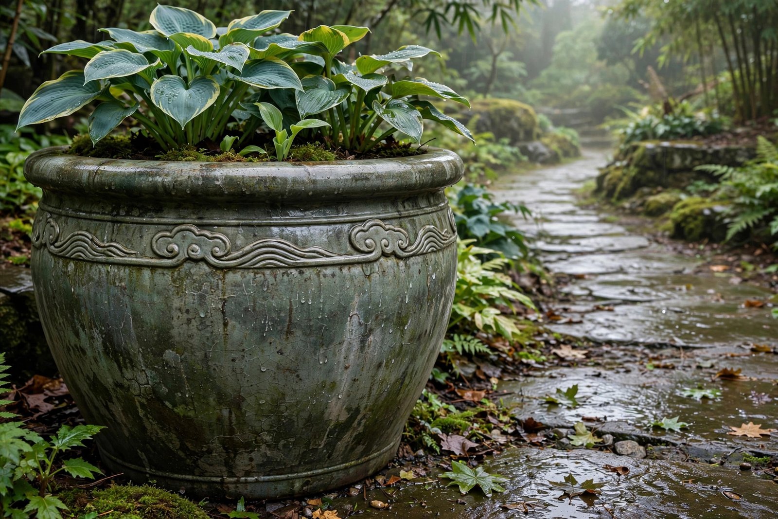 Weathered mottled ceramic planters arranged along a garden path