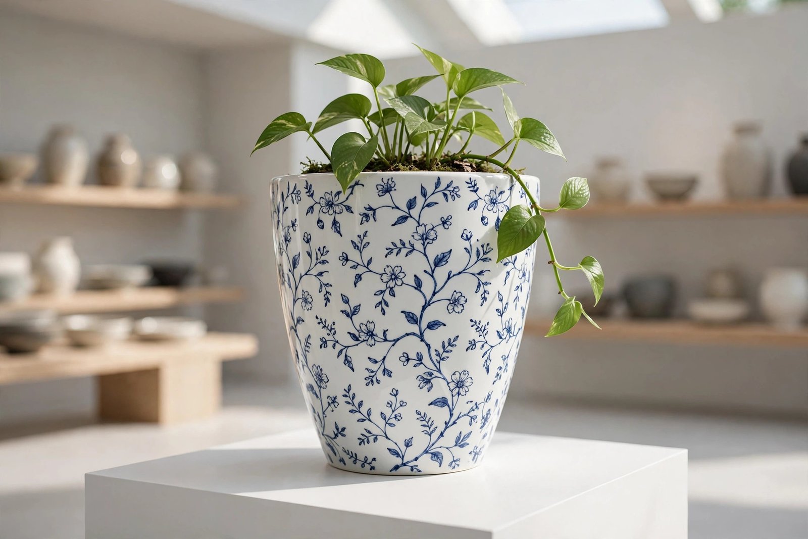 Blue and white floral ceramic planter displayed in a showroom