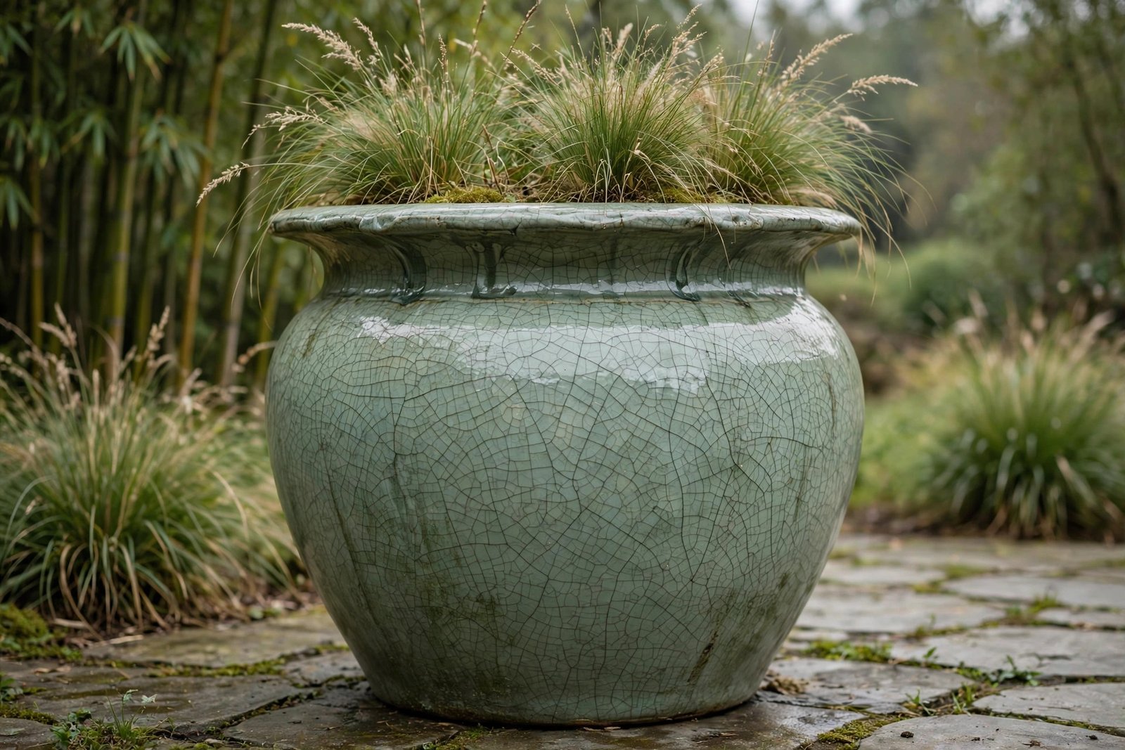 Vietnamese celadon crackle-glazed ceramic planter on a bamboo patio