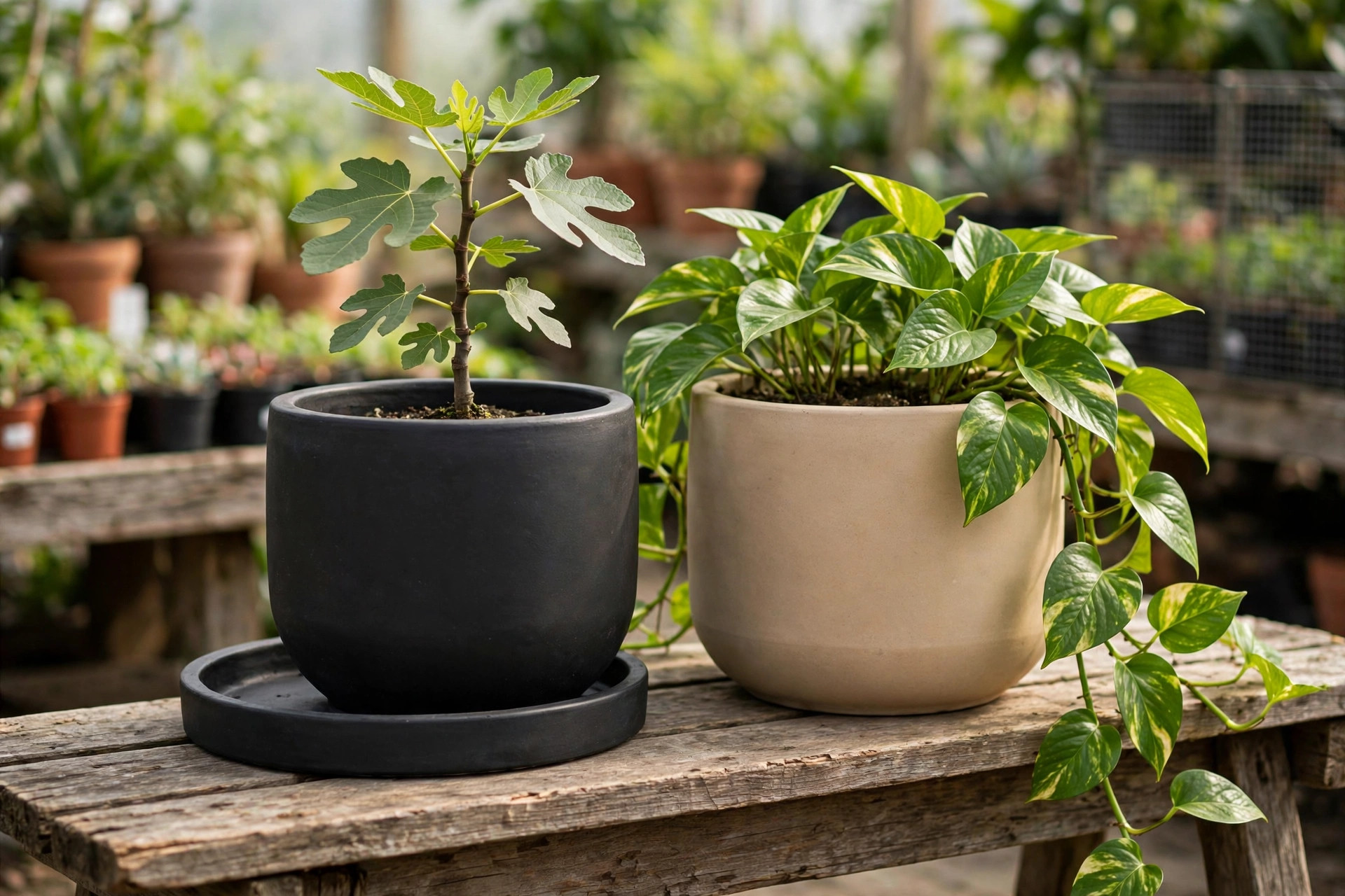 Matte black and sand ceramic planters on a nursery bench